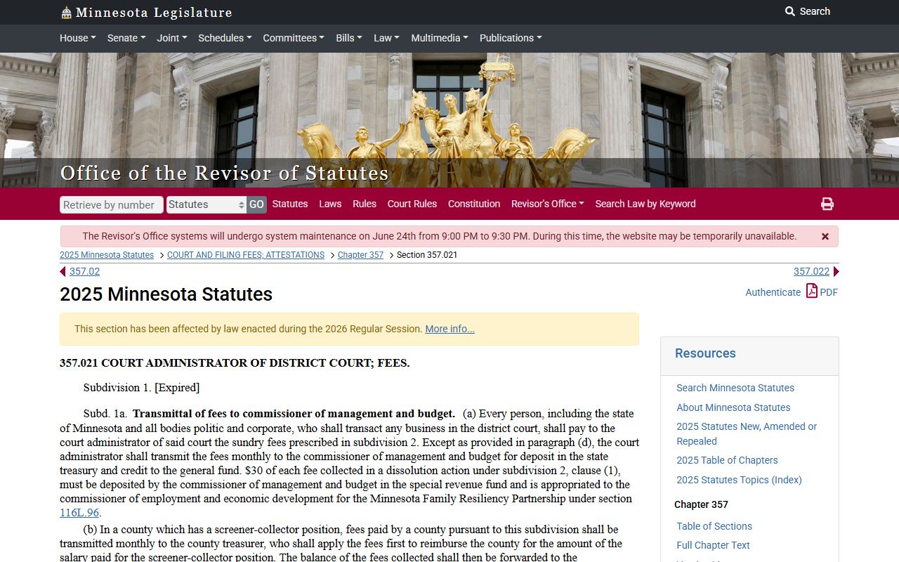 Lake County Court Administrator Minnesota civil fee statute