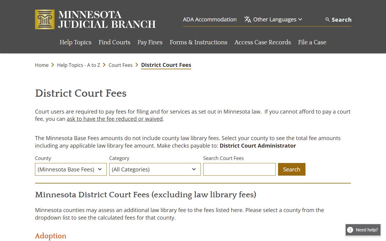 Lake County court records District Court fee schedule