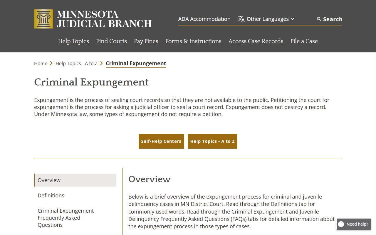 Lake County criminal court records Minnesota expungement help topic
