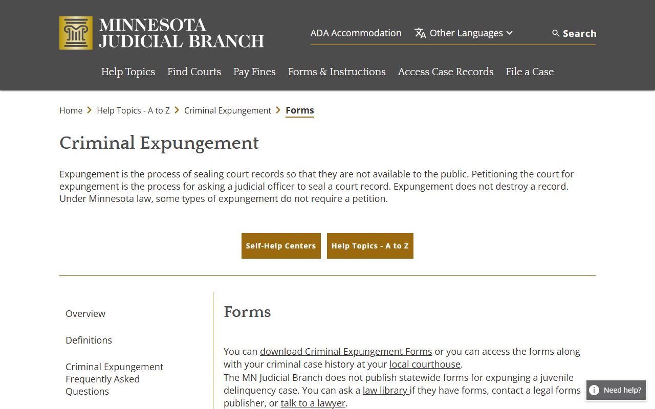 Lake County criminal court records Minnesota expungement forms