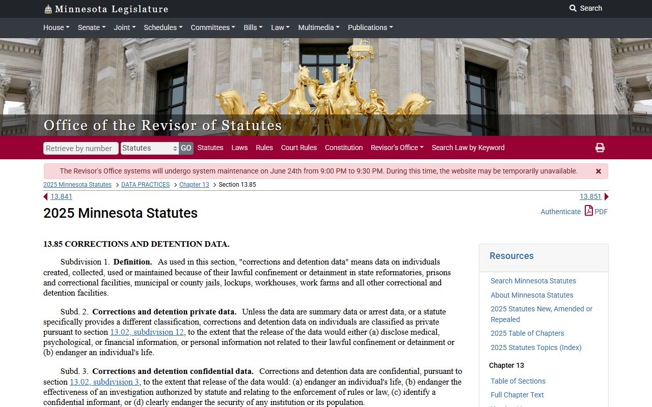 Minnesota corrections and detention data statute page