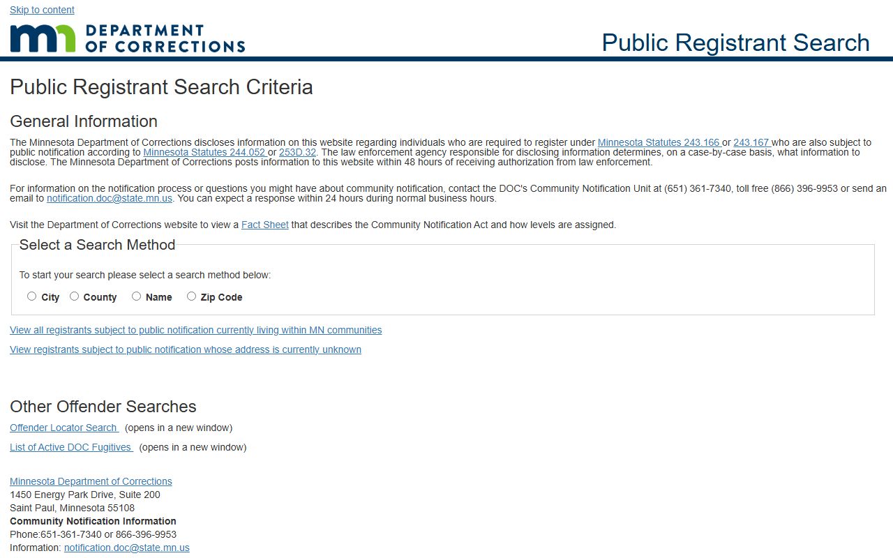 Minnesota DOC public registrant search page