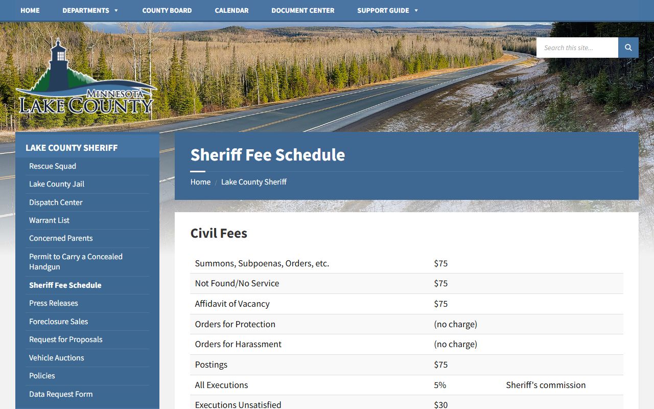 Lake County Sheriff fee schedule for jail and sheriff services