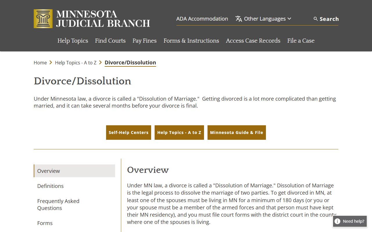 Minnesota Judicial Branch divorce help topic page