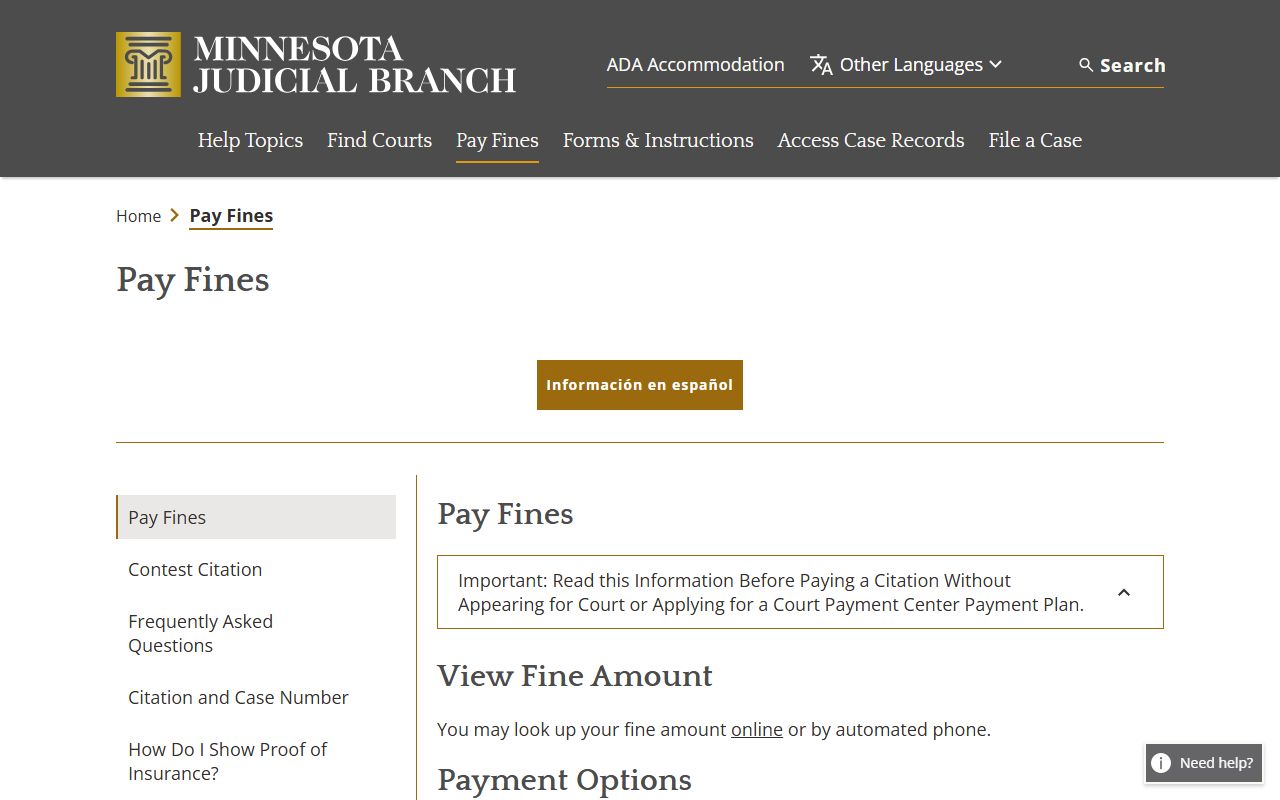 Minnesota Judicial Branch pay fines page for traffic citations