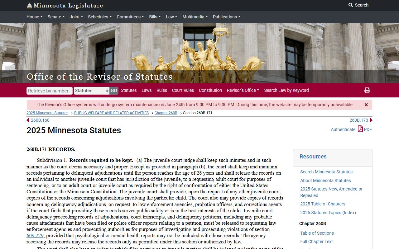 Minnesota juvenile delinquency records statute page