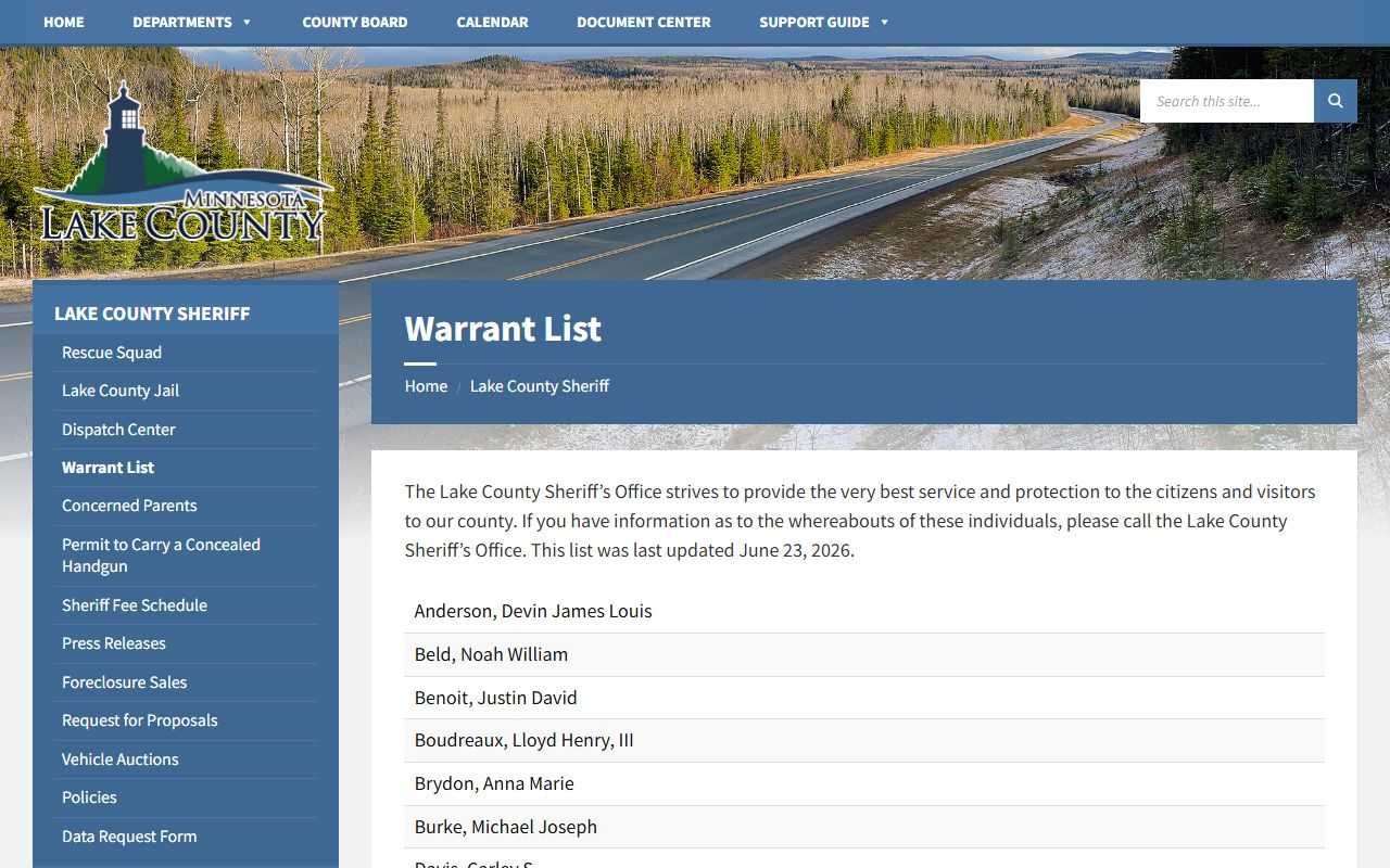 Lake County Sheriff warrant list page